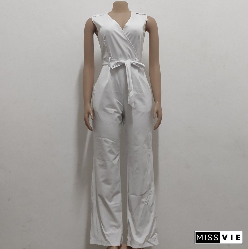 V Neck with Sashes Elegant Straight Leg Jumpsuits