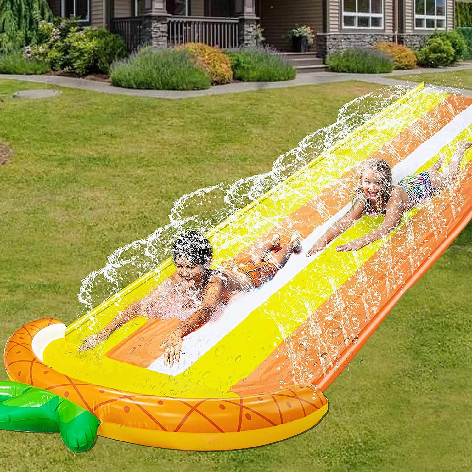 16.1ft x 76In Lawn Water Slides Slip for Kids, Double Race Pineapple Slip Slide Play Center Splash Sprinkler Inflatable Crash Pad for Children Summer Backyard Swimming Pool Games Outdoor Water Toys