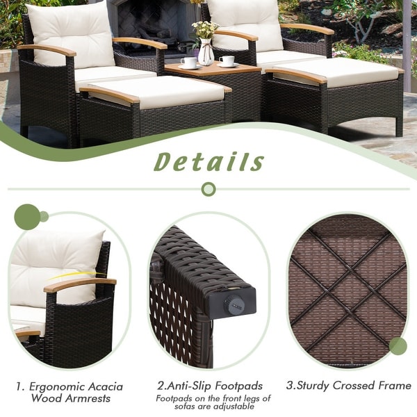 5 Pieces Patio Conversation Set with Cushions Coffee Table and 2 Ottomans