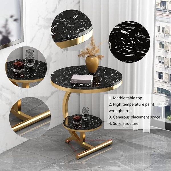 Luxury Marble End Table Decor and More Round Coffee Table with Storage Shelf for Home and Living Room - as picture