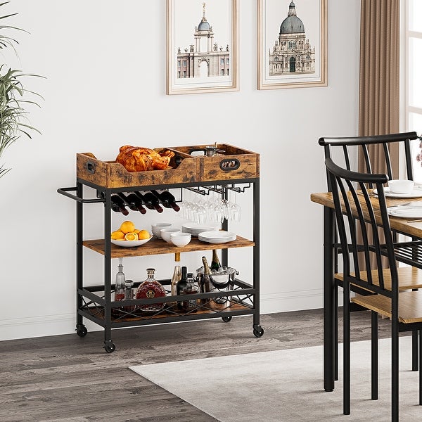 Bar Cart， 3 Tier Bar Carts for The Home，Grey Bar Cart with Wheels， Two Portable Trays， Wine Rack， Glasses Holder