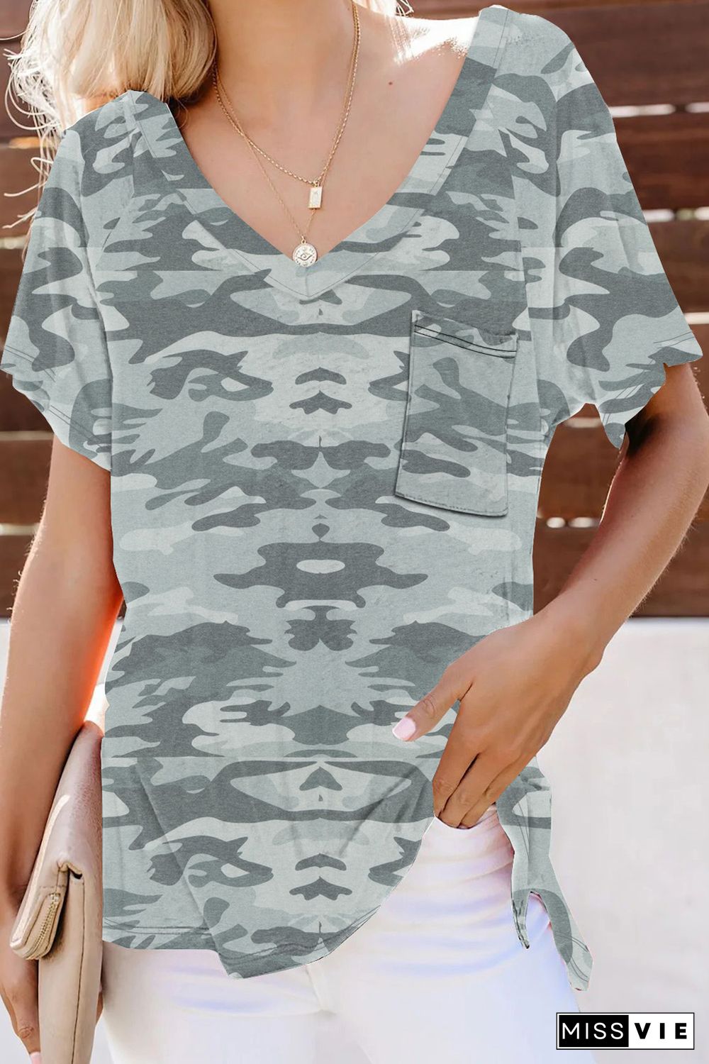 Green V Neck Front Pocket Camo Tee