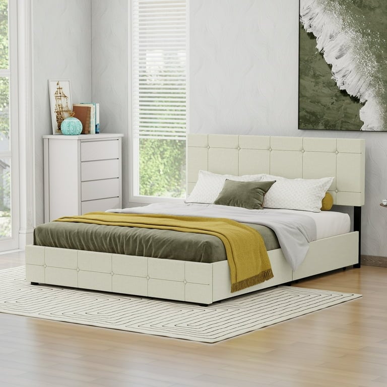 NNV Upholstered Platform Bed Frame with 4 Storage Drawers  Button Tufted Design