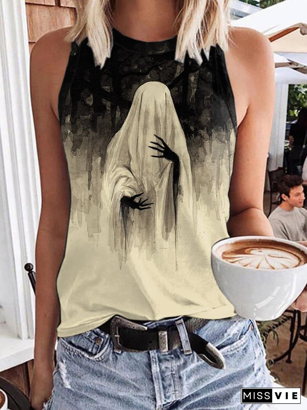 Women's Vintage Ghost Art Print Sleeveless Tank Top