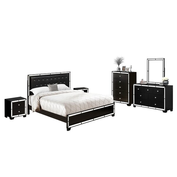 6-Pieces Bedroom Set with Light Up headboard - King Bed ，Dresser， Mirror， Chest and 2 Nightstands-Black Faux Leather Headboard - - 34142357