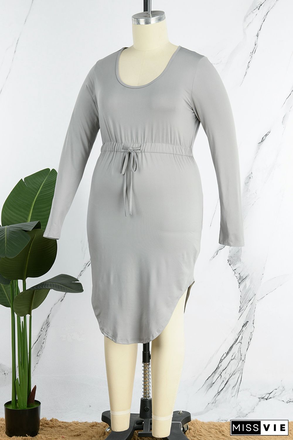 Grey Casual Solid Basic U Neck Long Sleeve Plus Size Dresses