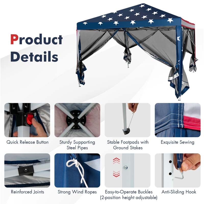 10 x 10 FT Pop Up Canopy Tent with Carry Bag & Netting, American Flag Printing Outdoor Gazebo