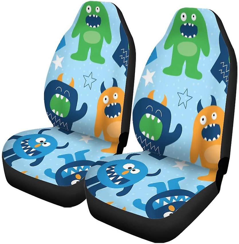 Set Of 2 Car Seat Covers Blue Dinosaur Monster Pattern Colorful Cute Alien Beast Universal Auto Front Seats Protector Fits