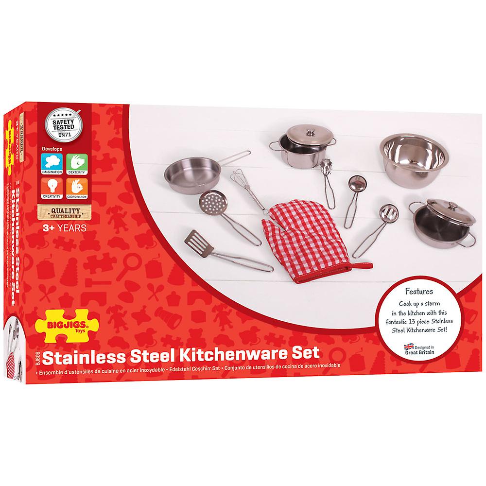 Bigjigs Toys Children's Stainless Steel Kitchenware Play Set Pretend Kitchen