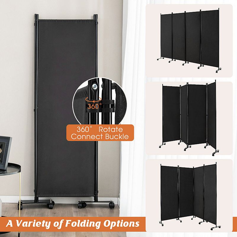 4-Panel Folding Room Divider 6 Feet Rolling Privacy Screen with Lockable Wheels