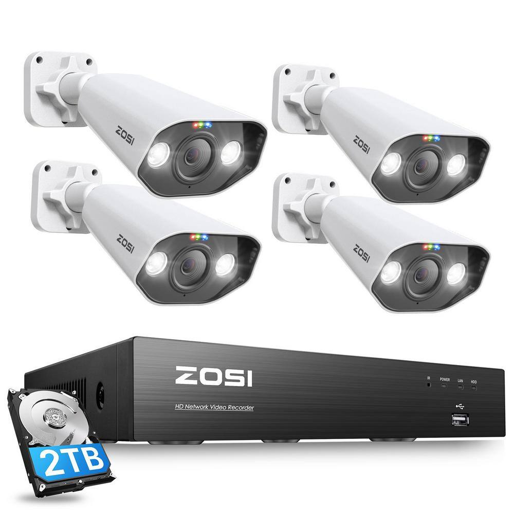 ZOSI Ultra HD 4K 8-Channel 2TB PoE NVR Home Security Camera System with 4 Wired 8MP Spotlight Cameras 2-Way Audio 8DN-1828W4-20-US