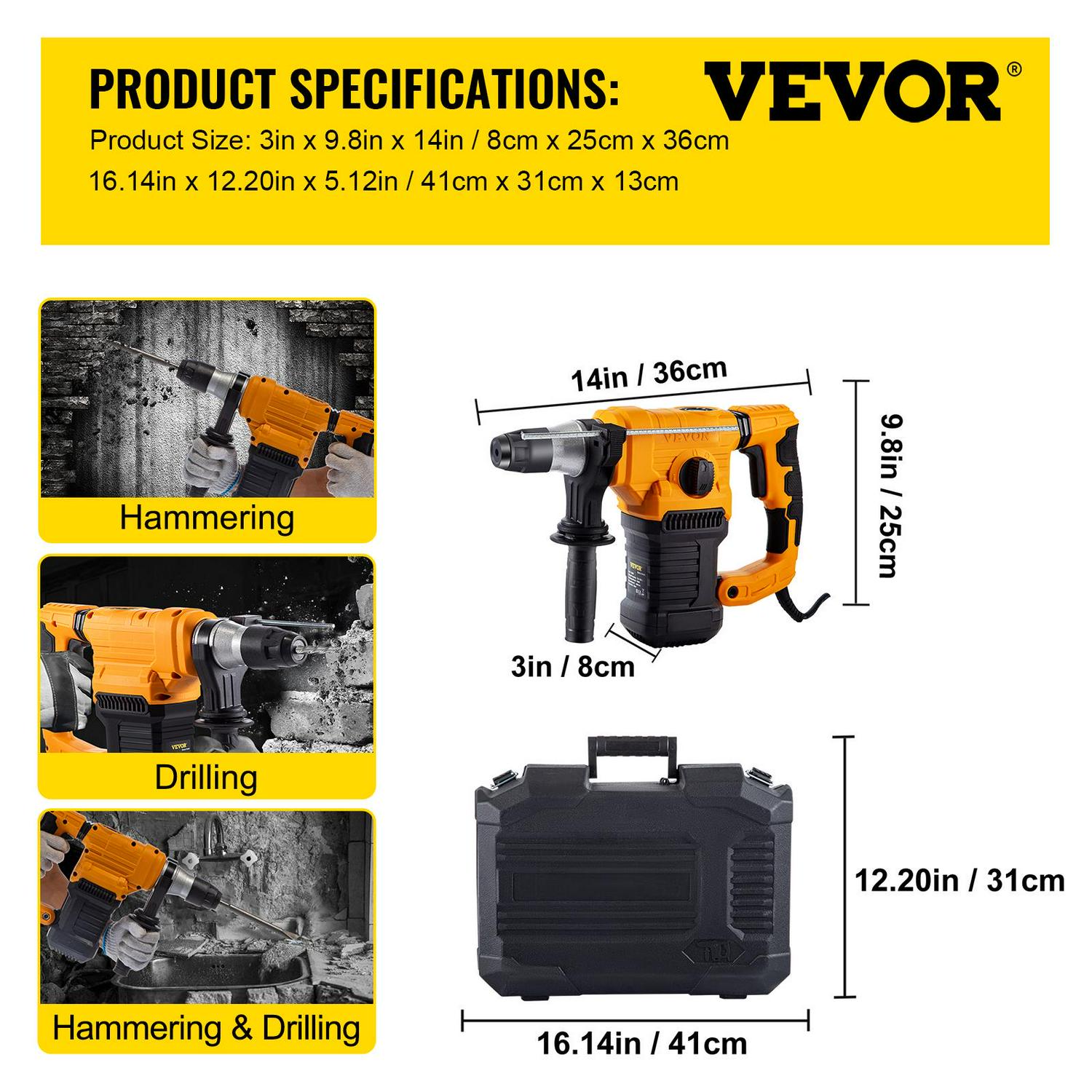 VEVOR 1 SDS Plus Rotary Hammer Drill ， 9.5A ， 1050W Electric Rotary Hammer Drill， 4 Modes Combination Rotary Hammer， 850RPM Cordless Rotary Hammer w/ Case， 110V Rotary Hammer Drill Ki