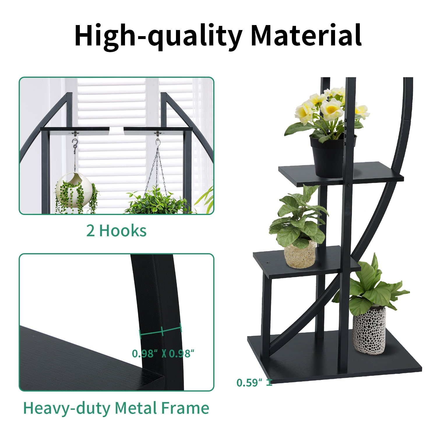 ELECWISH 5 Tier Tall Metal Indoor Plant Stand With 2 Hooks, Plant Shelf Holder Half-Moon-Shaped Multi-Purpose Plant Stands for Home Decor, Balcony, Patio, Garden(Black 2 Pack)