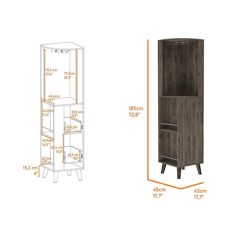 Quinn Corner Bar Cabinet， Two External Shelves， One Drawer， Two Interior Shelves