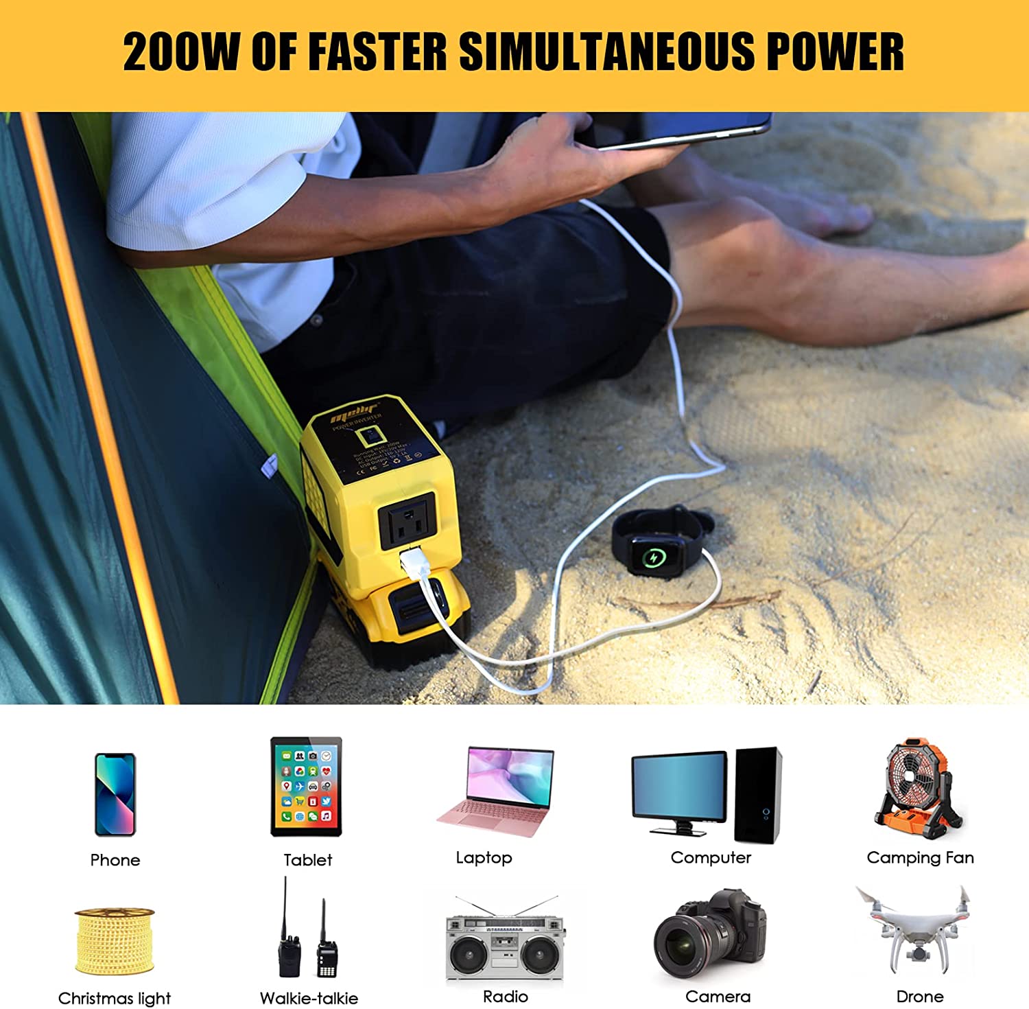 200W Power Inverter for Dewalt 20V MAX Battery with 1 AC Outlet 2 USB Ports LED Light Outdoor Generator (Tool ONLY)