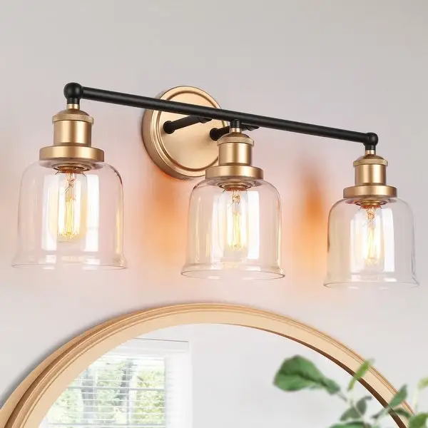 Mid-century Modern Black Gold Bathroom Vanity Lights with Clear Bell Glass for Powder Room - L 21.5