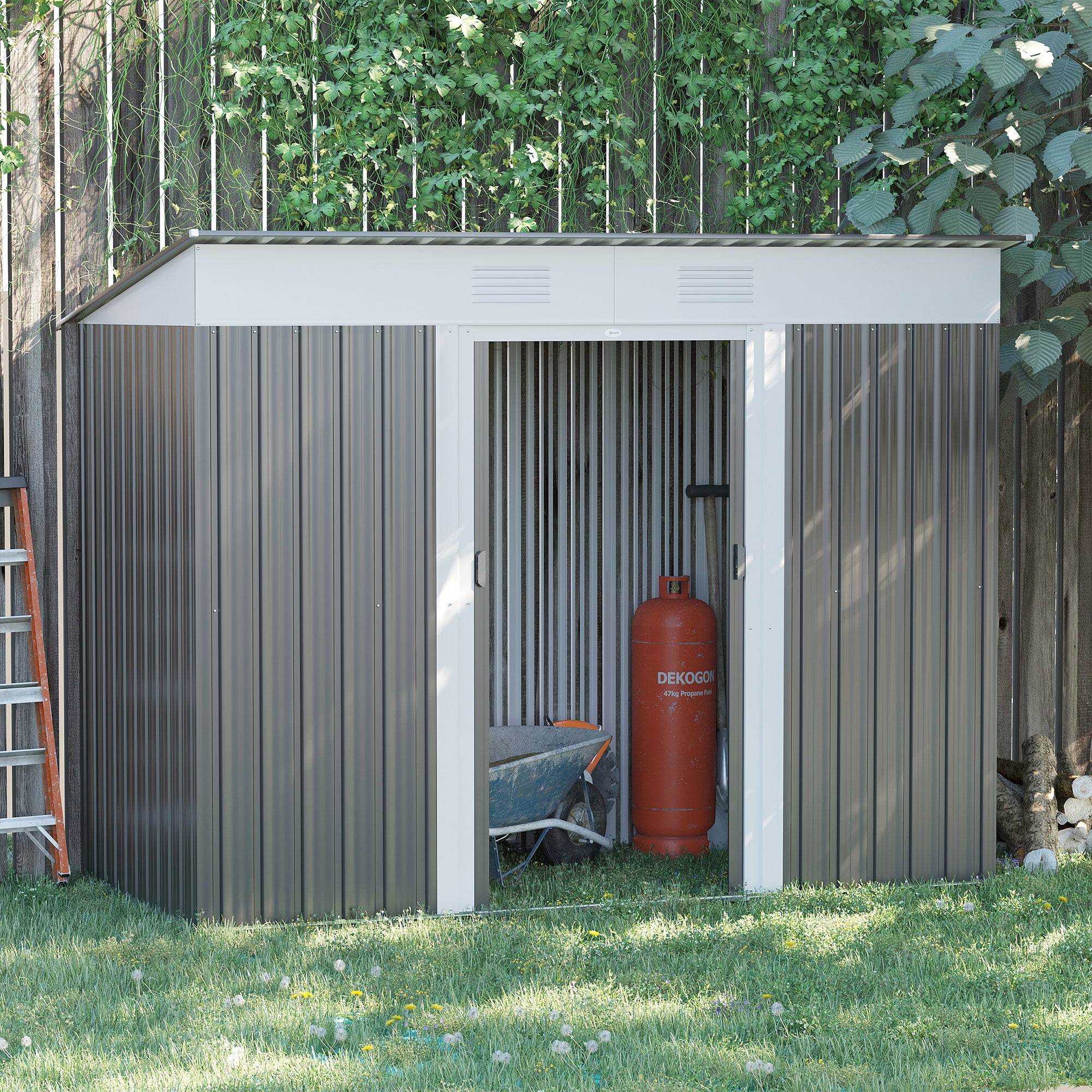 Outsunny 8' x 4' Backyard Garden Tool Storage Shed with Dual Locking Doors, 2 Air Vents and Steel Frame, Black/White