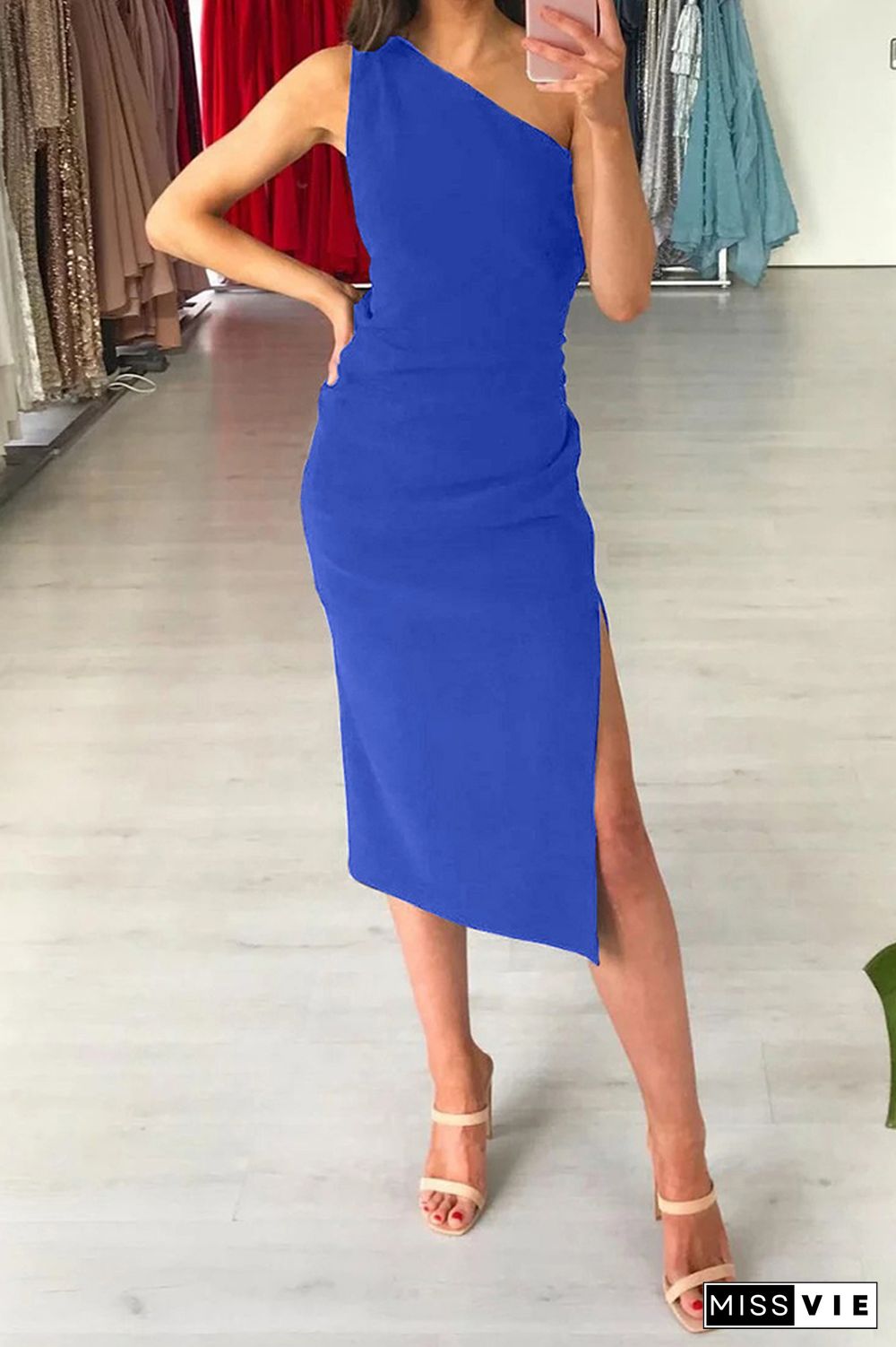 Plain One Shoulder Split Bodycon Dress Wholesale