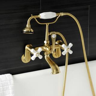 Kingston Brass Aqua Vintage 3-Handle Wall-Mount Clawfoot Tub Faucets with Hand Shower in Brushed Brass HAE59T7