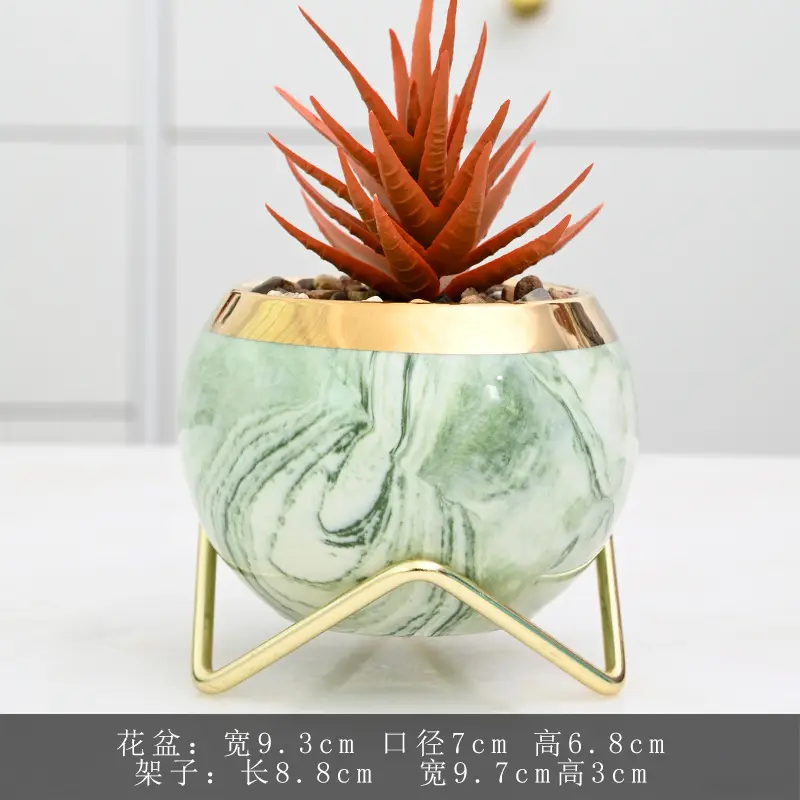 Cheap fashion nordic round ceramic succulent pot with golden edges iron rack  water transfer printing flowerpot