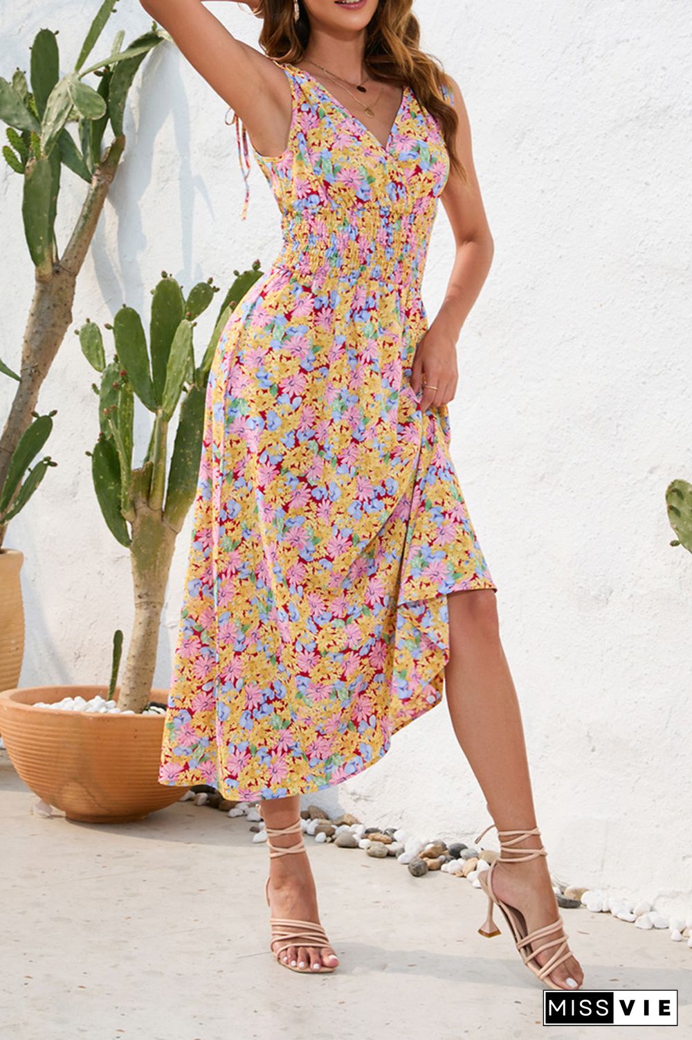 V Neck Floral Print Elastic Waist Dress