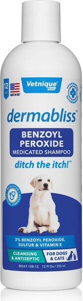 Vetnique Labs Dermabliss Fragrance-Free Benzoyl Peroxide Dog and Cat Shampoo， 16-oz bottle