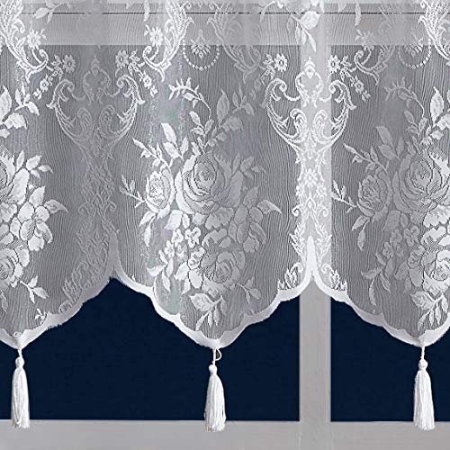 WARM HOME DESIGNS White Color 54” (W) x 22” (L) Semi Sheer Lace Kitchen Valance with 4 Tassels. Café Tiers Also Look Great in Dining or Living Rooms.