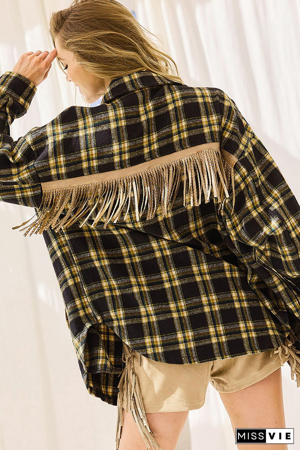 Rhinestone and Tassel At Back Yellow Plaid Open Button Jackets