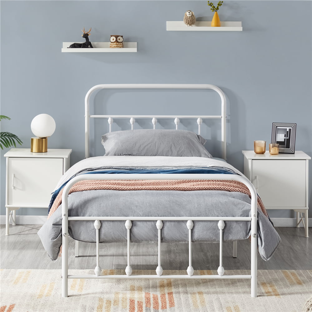 Alden Design Metal Platform Twin Bed with High Headboard, White