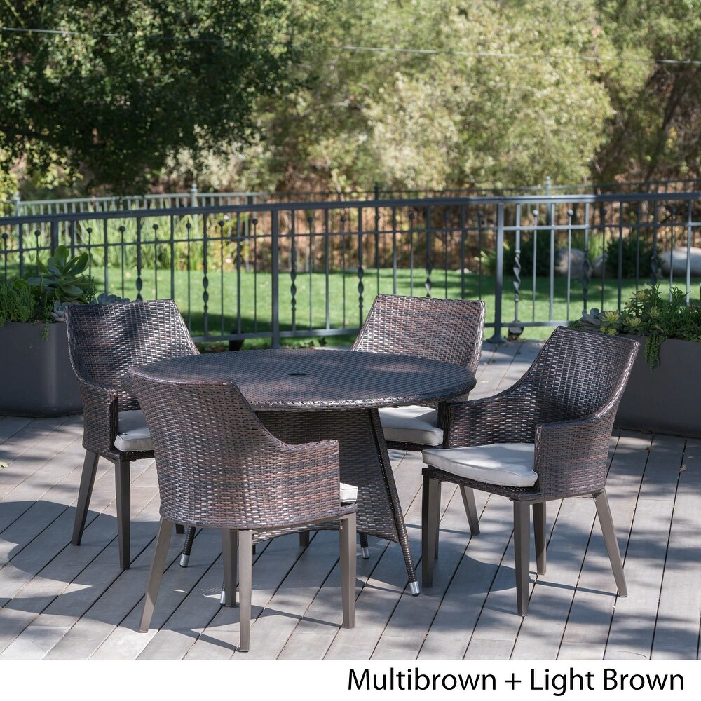 Hillhurst Outdoor 5 piece Round Wicker Dining Set with Cushions   Umbrella Hole by Christopher Knight Home