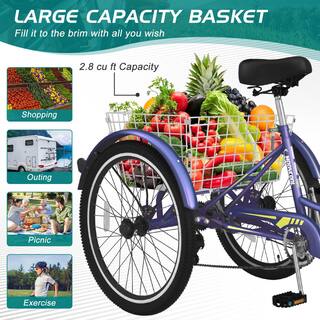 BOZTIY 24 in. Adult Tricycle 7-Speed 3 Wheel Bike Adult Tricycle Trike Cruise Bike Large Size Basket for Recreation Shopping X-P24-ZSHT
