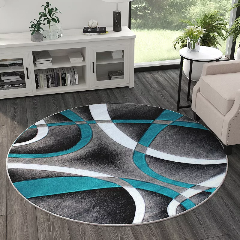 Masada Rugs Masada Rugs Sophia Collection 5'x5' Round Area Rug with Hand Carved Intersecting Arch Design in Turquoise， White， Gray and Black