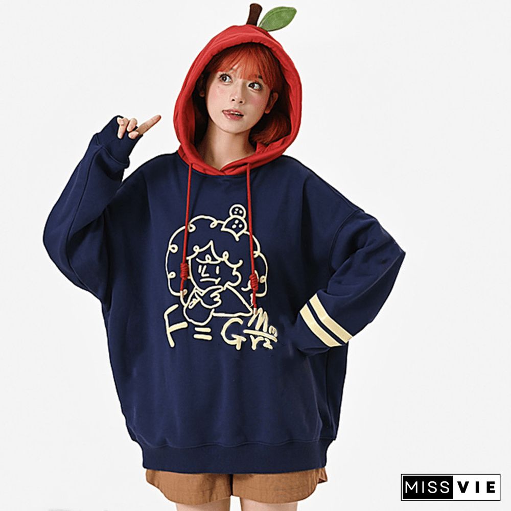 Funny Apple Print Loose Plush Hoodie