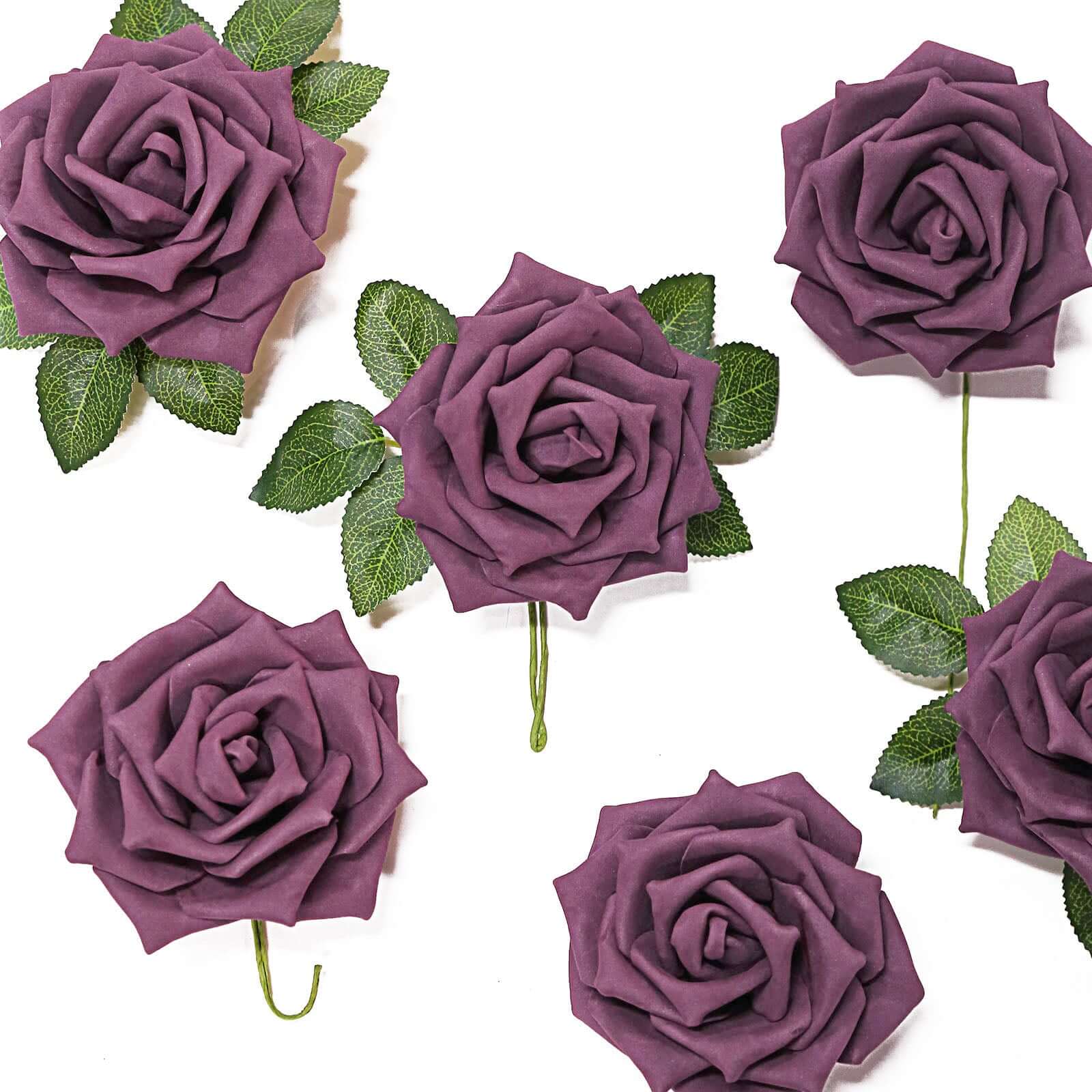 24 Roses Eggplant Artificial Foam Flowers With Stem Wire and Leaves 5