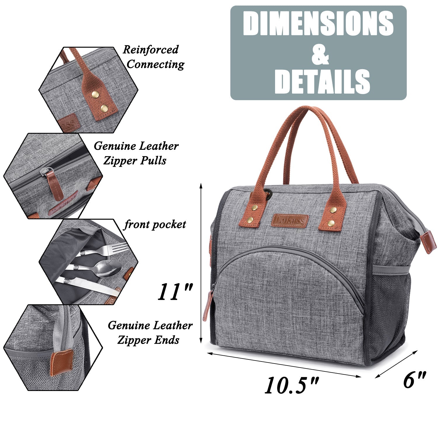 LOKASS Lunch Bag Insulated Wide-Open Lunch Box, Large Drinks Holder Durable Nylon Snacks Organizer with Removable Shoulder Strap for Women Men Adult Kids, Strap/Gray