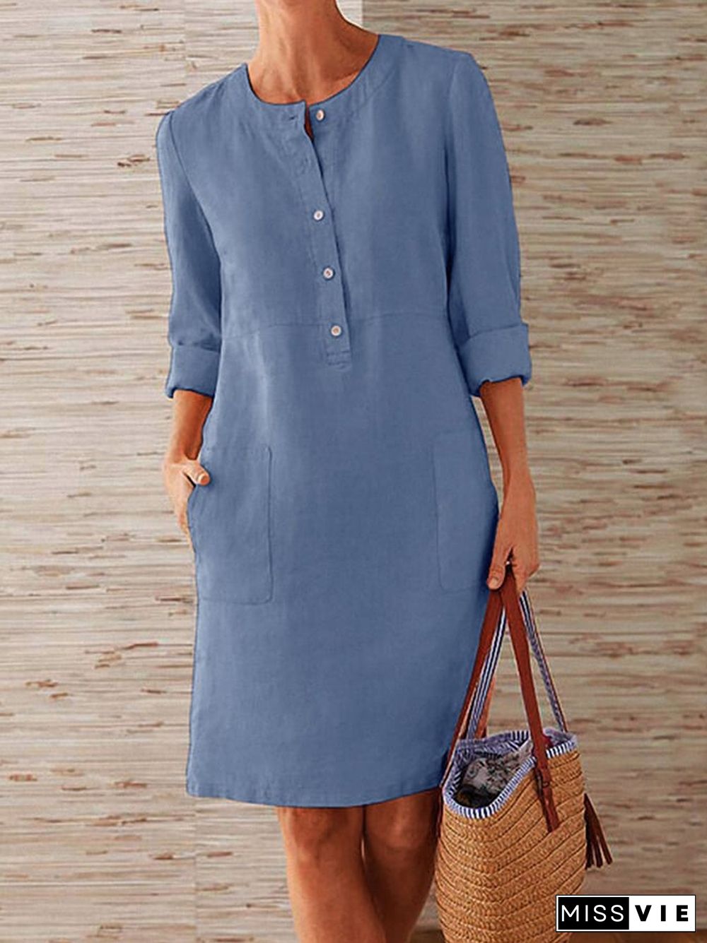 Ladies Cotton Linen Round Neck Long Sleeve Dress