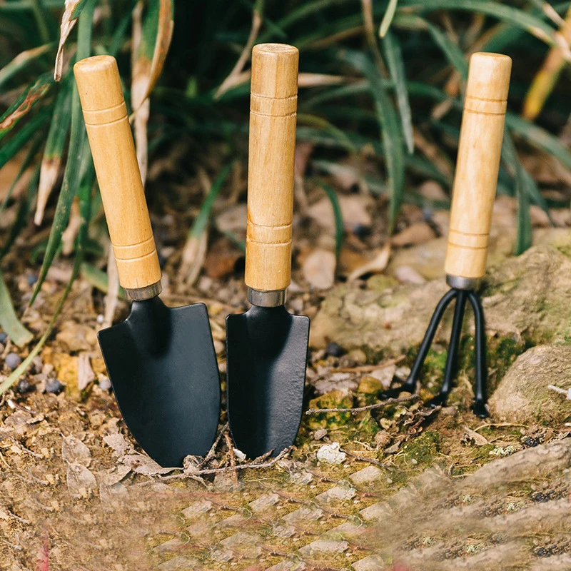 Set of 3 Mini Garden Tool Hand Planting Tools Small Shovel Rake Spade Wood Handle Planting Tools