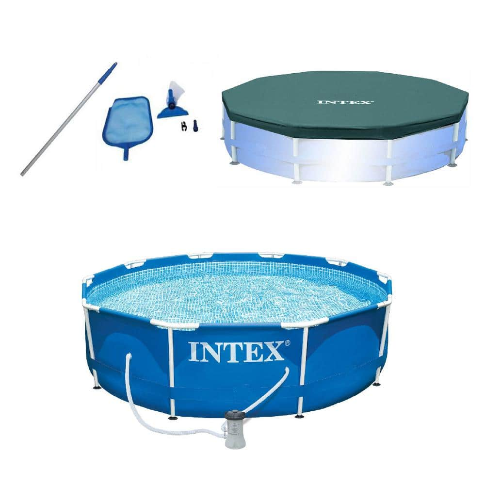 Intex 10 ft. x 2.5 ft. Pool Kit with Pool Set with Filter Pump with 10 ft. Round Pool Cover 28002E + 28201EH + 28030E