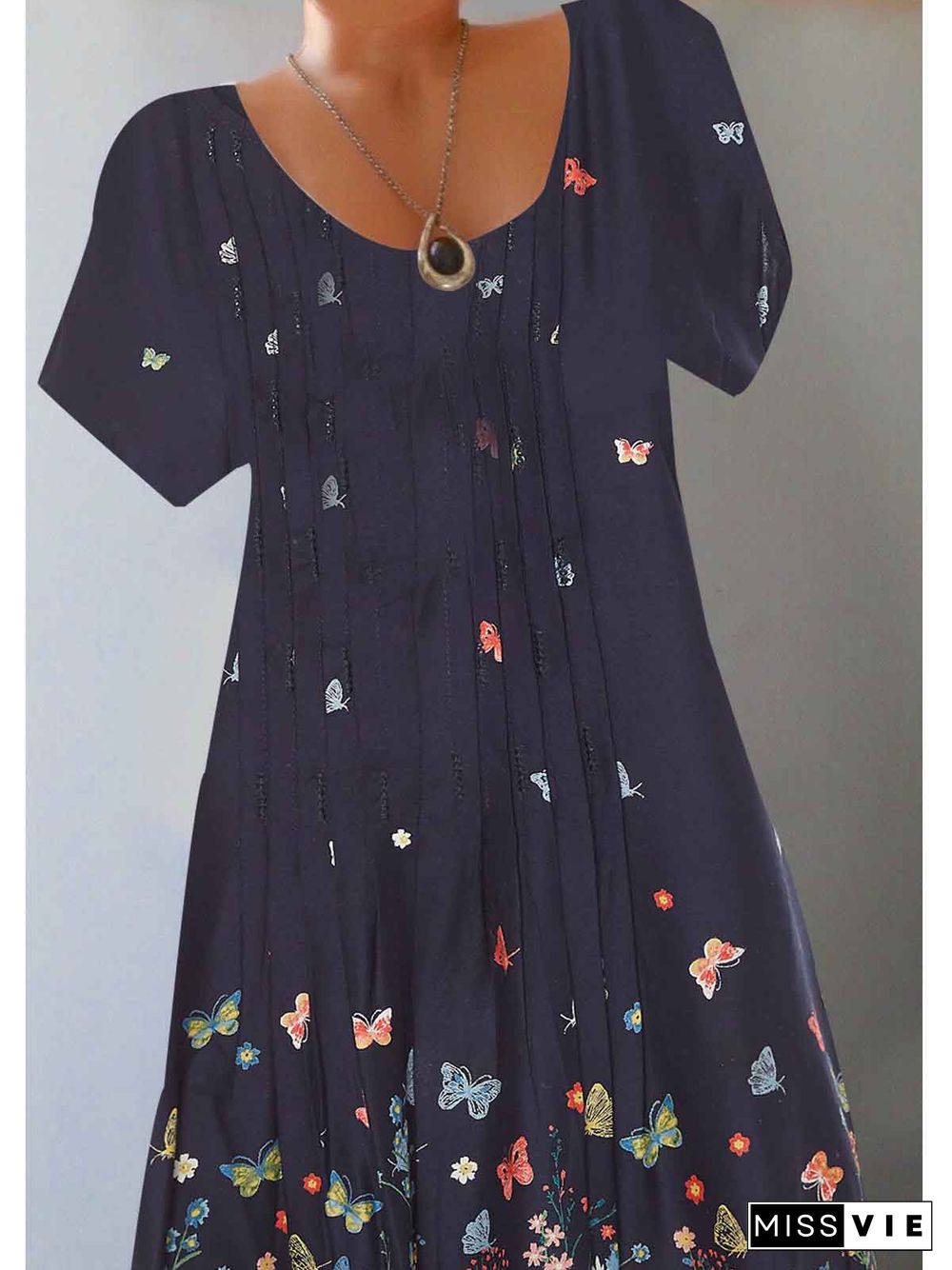 Women's Fashion Round Neck Short Sleeve Navy Blue Floral Printed Graphic Midi Dress