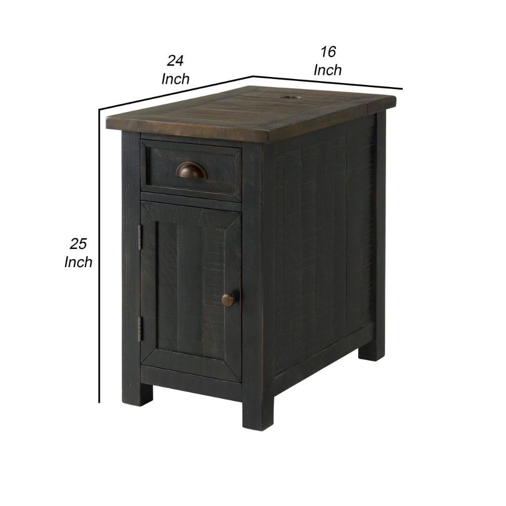 Fiya 25 Inch Chairside End Table Cabinet  Drawer  USB Ports  Black  Brown   24L x 16W x 25H  in inches