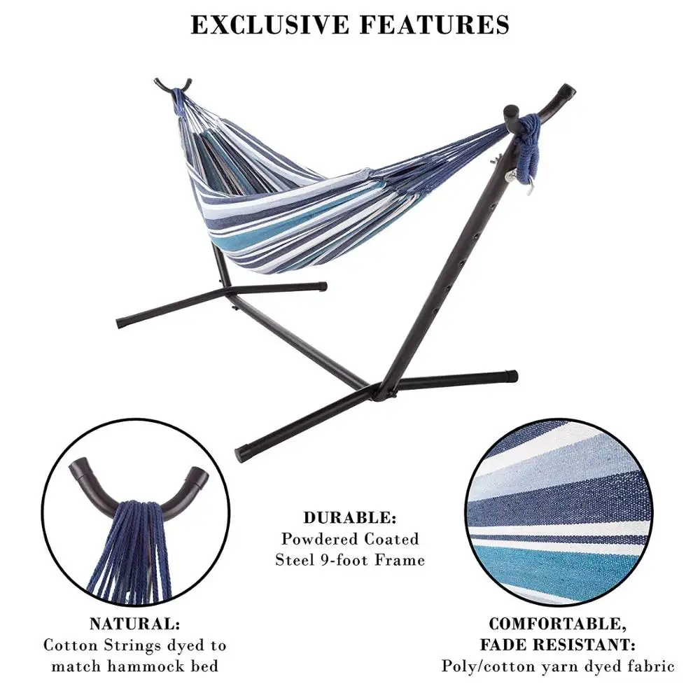 Double Brazilian Hammock with Stand Woven Cotton  2 Person Outdoor Swing with Frame for Camping