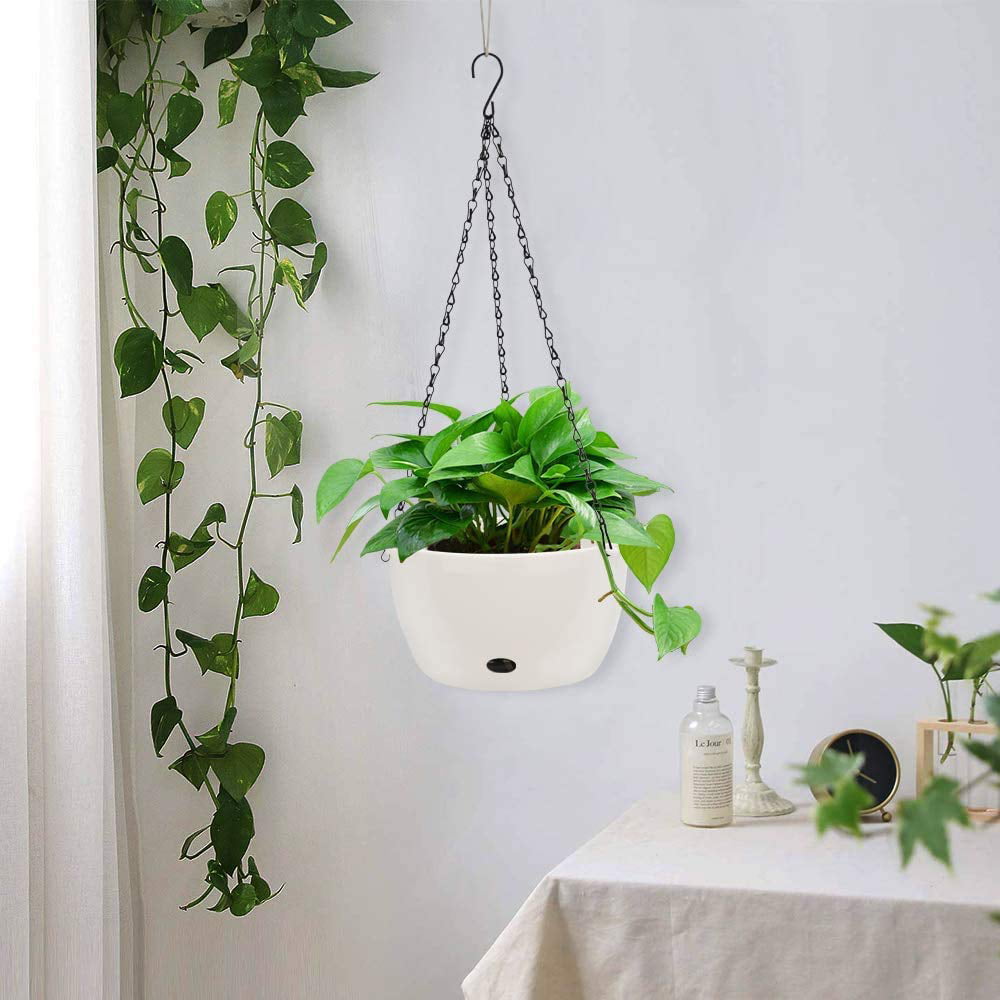 GROWNEER 2 Packs 9.4 Inches Plastic Hanging Planter Self Watering Basket with 6 Pcs Hooks, Hanging Flower Pot with Detachable Base for Garden Indoor Outdoor Home Decoration (White)