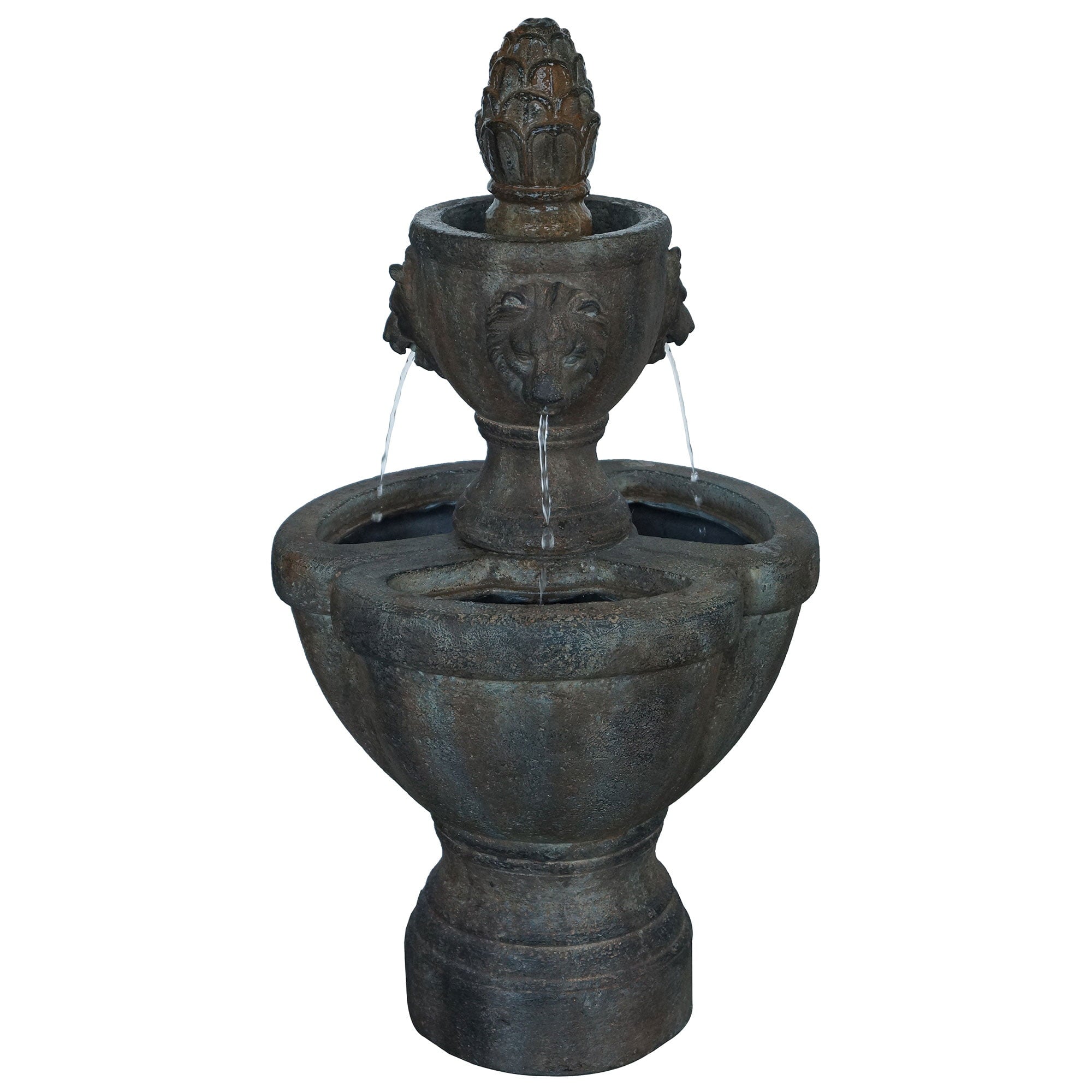 Outdoor Water Fountain, 2 Tier Lion Head Fountain With Natural Looking Stone and Soothing Sound for Decor on Patio, Lawn and Garden By Pure Garden