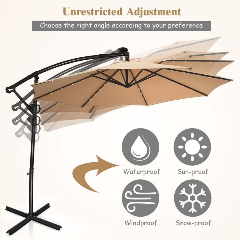 10 FT Patio Offset Umbrella with Solar Lights 360° Rotation Outdoor Market Umbrella with Crank Handle & Cross Base