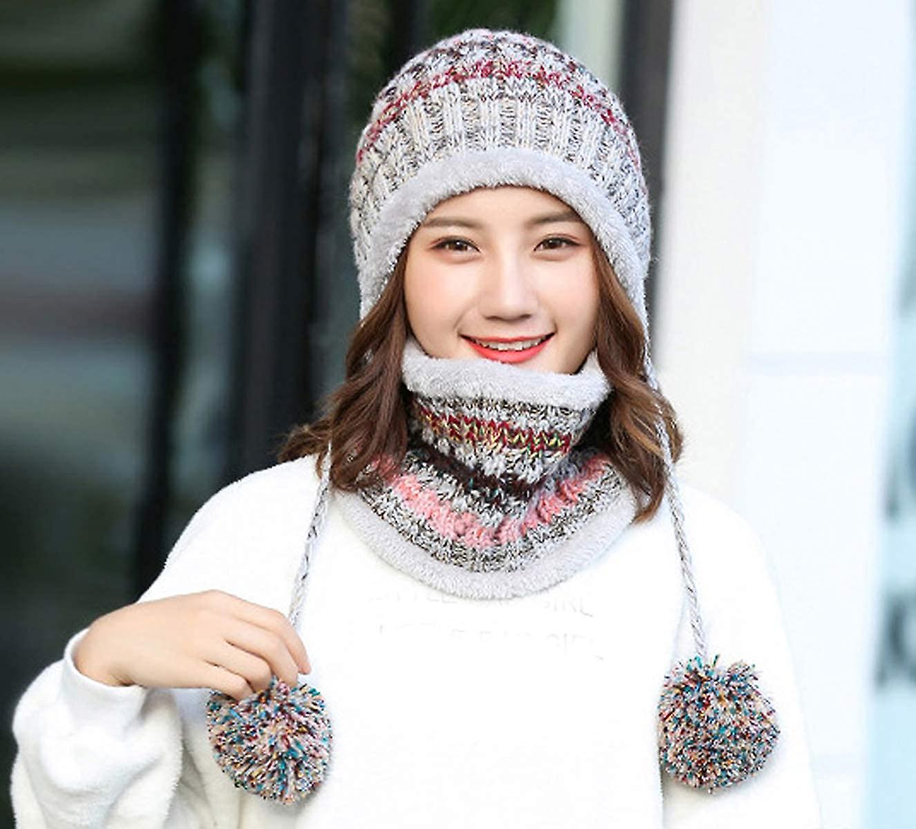 Women Winter Beanie Hat Peruvian Circle Scarf Set Ski Ear Flaps Caps Dual Layered Fleece Lined Pompoms A2-m8771-gray -