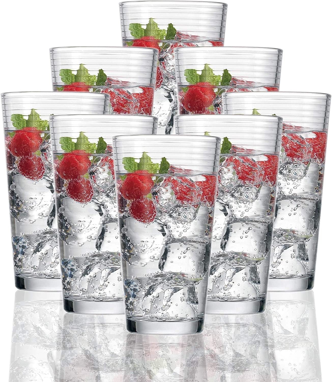 Circleware 40165 Hoop Highball Tumbler Drinking Glasses， Set of 8， Kitchen Entertainment Heavy Ice Tea Beverage Cups Glassware for Water， Beer， Juice， Bar Liquor Farmhouse Decor， 15.7 oz， Clear