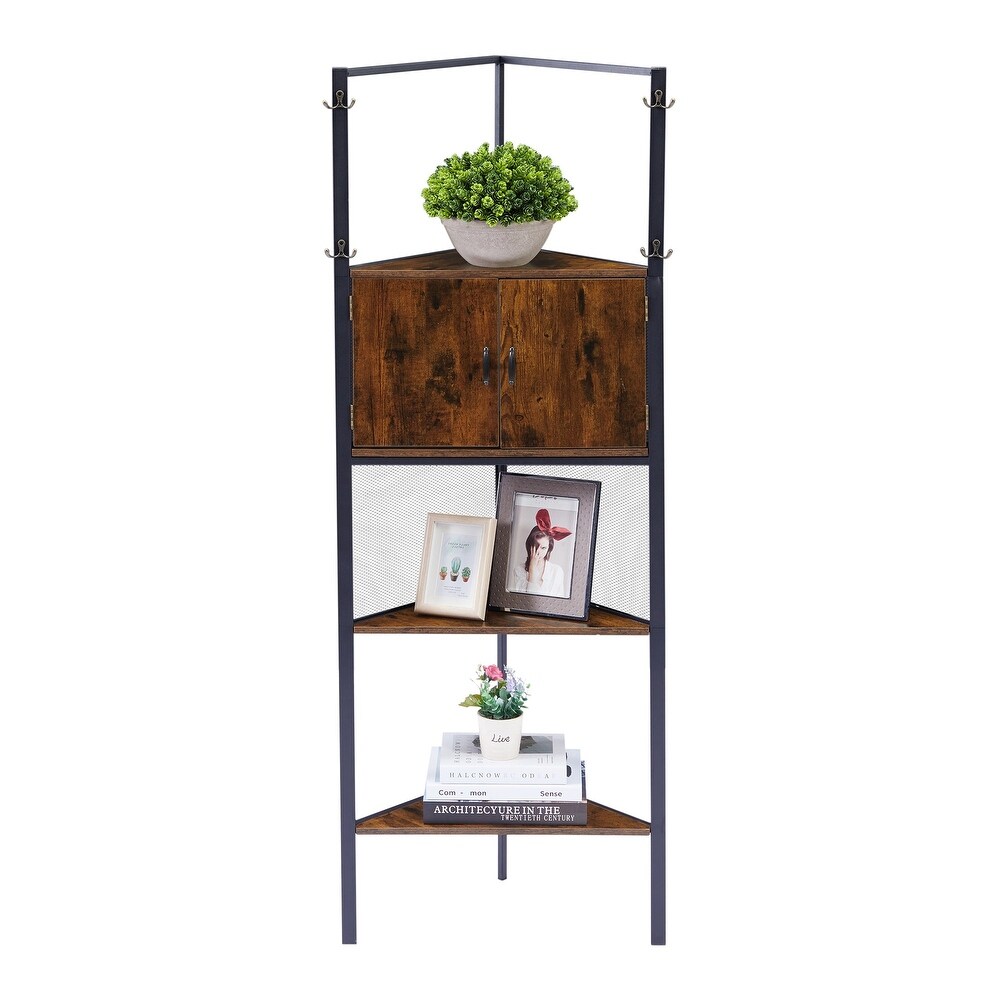 VECELO 59 inch Tall 5 tier Corner Bookshelf with Door Triangle Storage Shelves Plant Stand