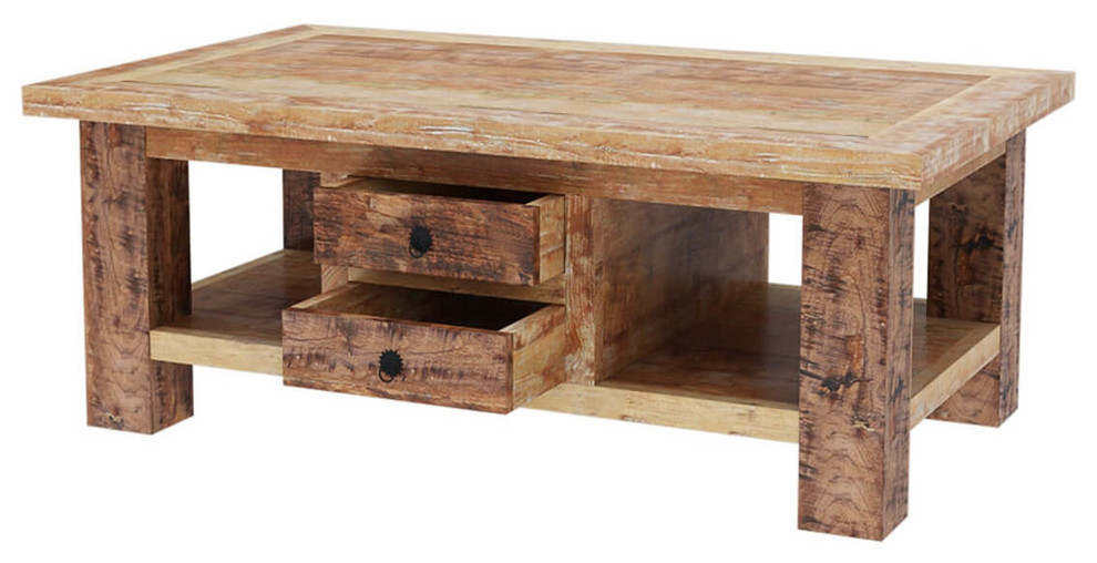 Britain Handcrafted Rustic Teak Wood 2 Drawer Coffee Table   Farmhouse   Coffee Tables   by Sierra Living Concepts Inc  Houzz