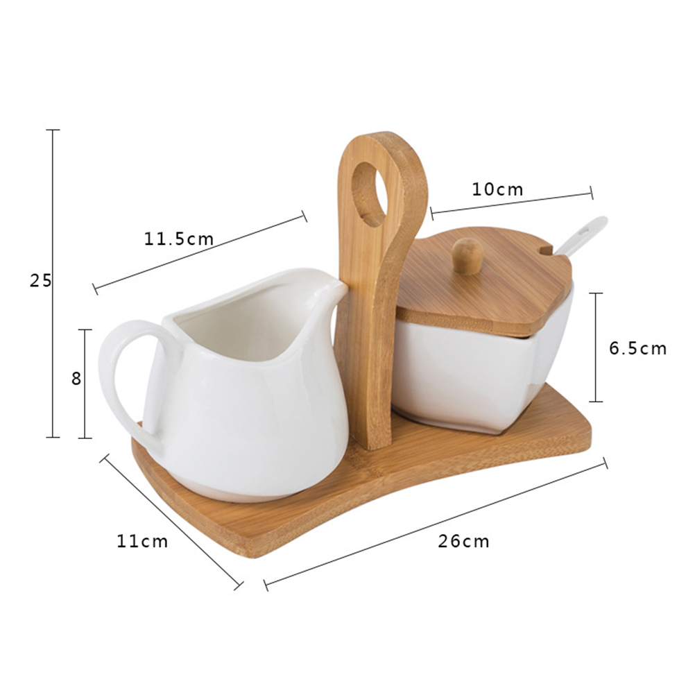 Tinksky Ceramic Sugar Bowl and Cream Pitcher Set with Bamboo Tray and Spoon for Home Hotel