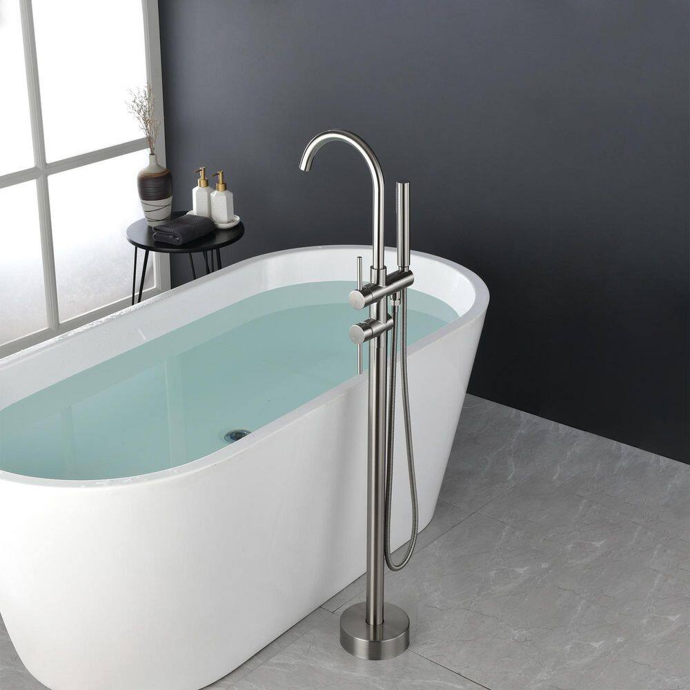 Nestfair 2-Handle Floor Mount Roman Tub Faucet with Hand Shower in Brushed Nickel SX-JM851N